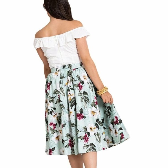 NWT HELL BUNNY RETRO 50S VINTAGE STYLE GREEN FLORAL TAHITI SKIRT SIZE SMALL - Picture 3 of 15
